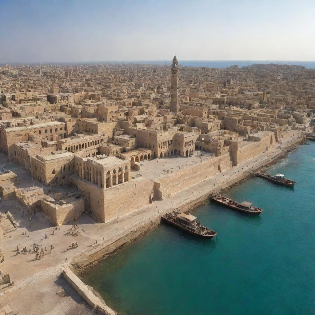 Generate an image depicting the ancient city of Alexandria complete with its historic architecture and landscapes