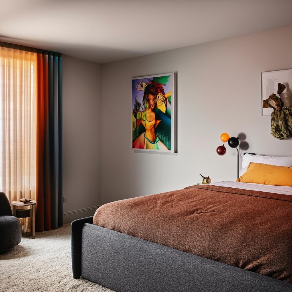 Design a cozy, personalized bedroom with modern furniture, warm lighting, and vibrant wall art.