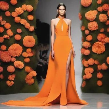 The fashion designer showcased a stunning gown in the latest collection, featuring a tangerine hue that was both bold and stylish.