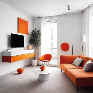 The modern apartment had a minimalist design, with light-colored walls and vibrant tangerine accents.
