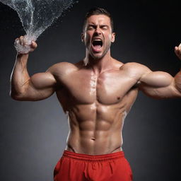 Generate a 3D, 8k resolution image of a man with well-defined abs, conveying strength, with water hitting his body. Set this against a gradient background of black and red. Ensure a clear viewing experience.