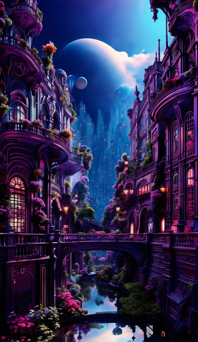 A vibrant, eerie futuristic cityscape blending Rococo and cyberpunk aesthetics in a hyper-realistic 3D photograph. Mechanical beings walk amidst ornate buildings adorned with neon lights and holographic billboards. Amidst this metallic world, flowers bloom vibrantly, adding a touch of fantasy.