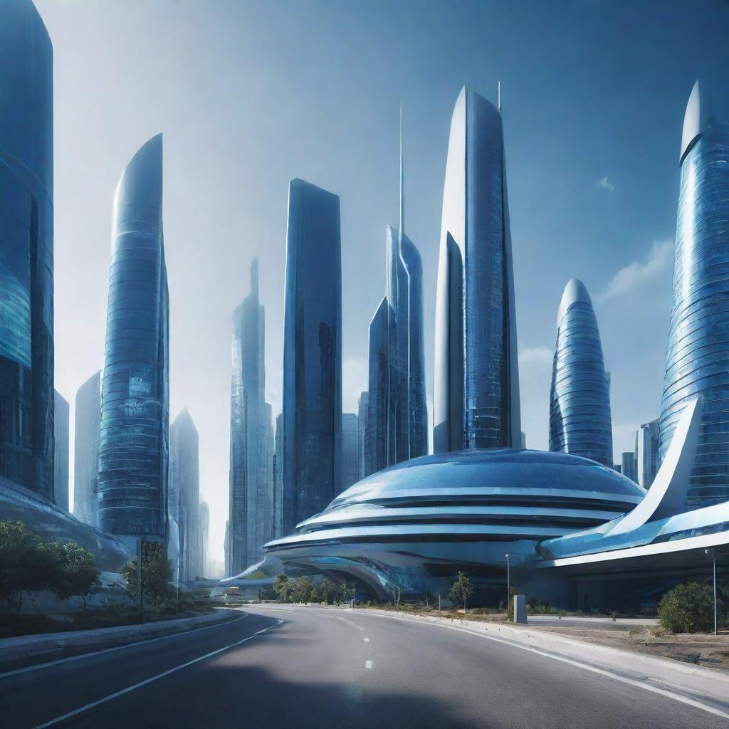 Create an image of a futuristic location dominated by shades of blue