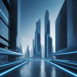 Create an image of a futuristic location dominated by shades of blue