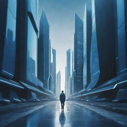 Create an image of a futuristic location dominated by shades of blue