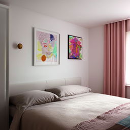 Design a cozy, personalized bedroom with modern furniture, warm lighting, and vibrant wall art.