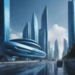 Create an image of a futuristic location dominated by shades of blue