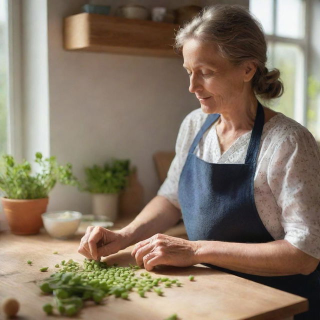 A nurturing mother in a sunlit kitchen, carefully preparing fresh peas. Her face is a picture of concentration and love, a snapshot of a wholesome family moment