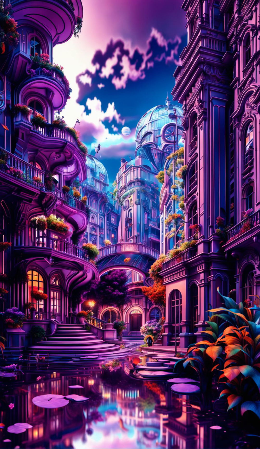 A hyper-realistic 3D photograph of a vibrant, eerie futuristic cityscape combining Rococo and cyberpunk aesthetics. The city is filled with mechanical beings and ornate buildings adorned with neon lights and holographic billboards. Amidst the metallic world, flowers bloom vibrantly, adding a touch of fantasy and future aesthetic.