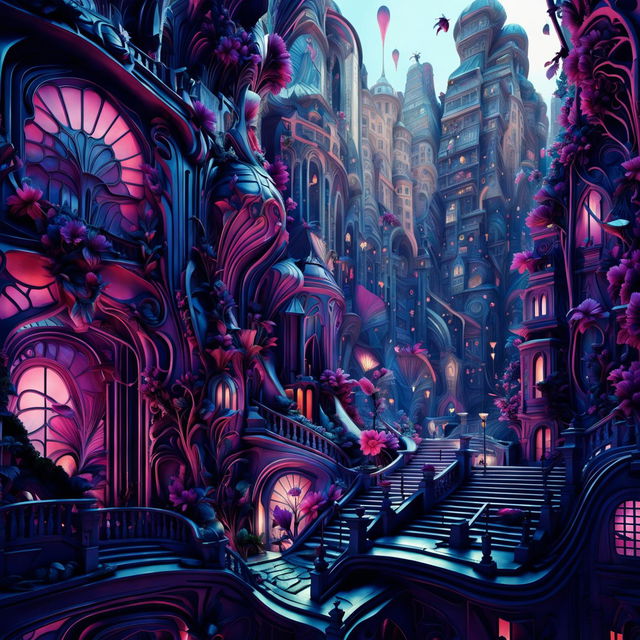 A hyper-realistic 3D photograph of a futuristic city with Rococo and cyberpunk influences. The city is vibrant with neon colours and has a distinct floral aesthetic with mechanical creatures.