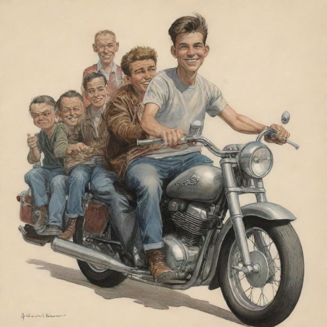 Caricature of a 19-year-old man riding a large motorcycle with his gang.