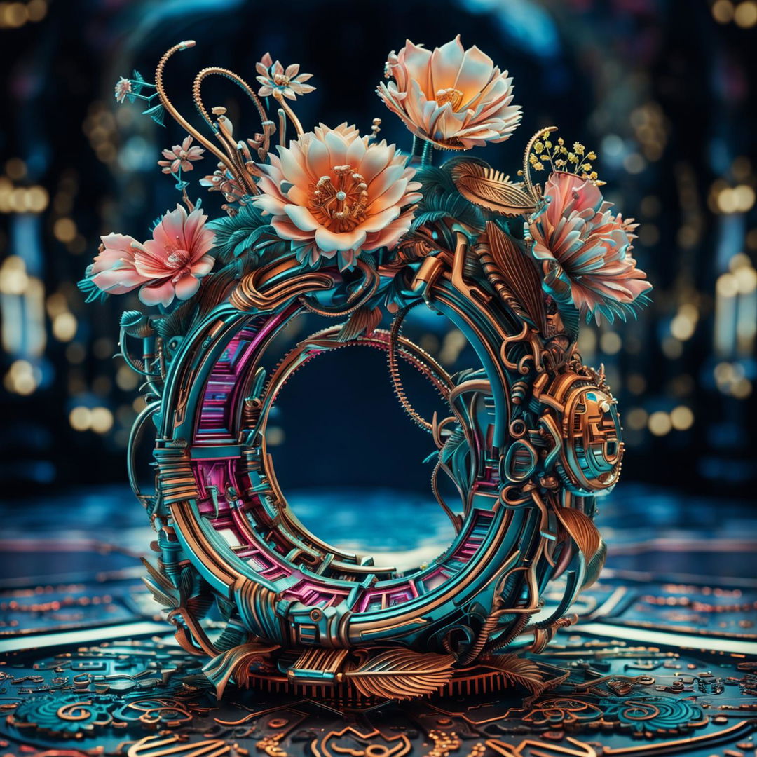 A hyper-realistic 3D rococo-inspired cyberpunk scene featuring an eerie futuristic robotic ring surrounded by mechanical flowers in vibrant colours.