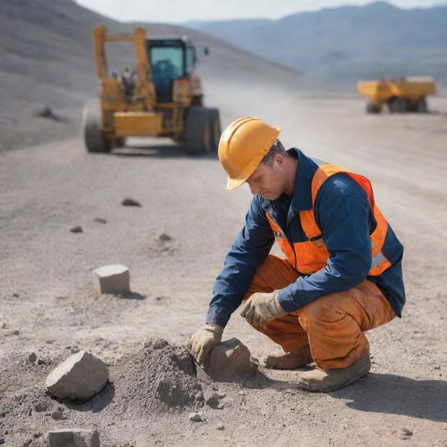 A skilled detonator expert at a mining site, diligently preparing and positioning explosives with safety gear and a backdrop of rugged terrain and heavy mining machinery.