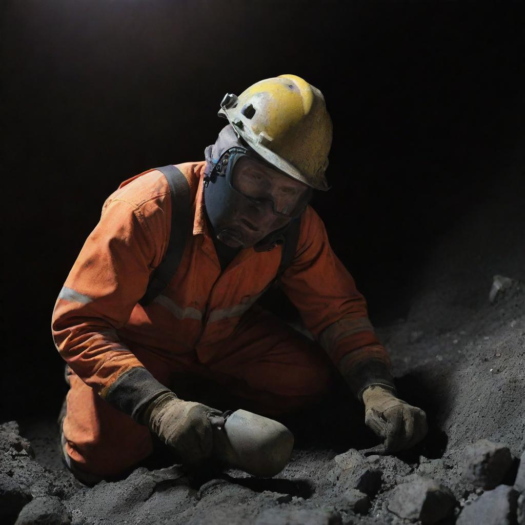 A hardened blasting engineer with helmet and safety gear, meticulously placing explosives in a deep, rocky mine under harsh lighting conditions.