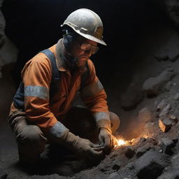 A hardened blasting engineer with helmet and safety gear, meticulously placing explosives in a deep, rocky mine under harsh lighting conditions.