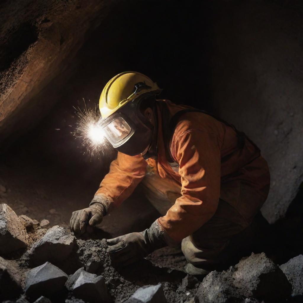 A hardened blasting engineer with helmet and safety gear, meticulously placing explosives in a deep, rocky mine under harsh lighting conditions.