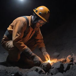 A hardened blasting engineer with helmet and safety gear, meticulously placing explosives in a deep, rocky mine under harsh lighting conditions.