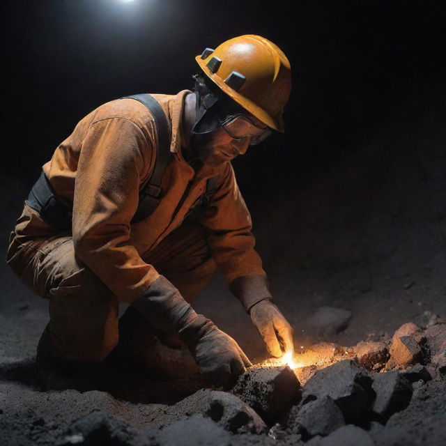 A hardened blasting engineer with helmet and safety gear, meticulously placing explosives in a deep, rocky mine under harsh lighting conditions.