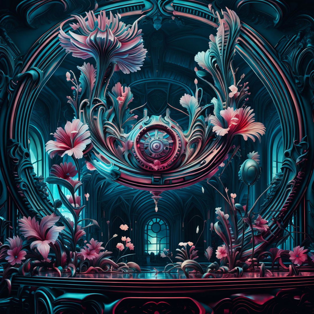 A hyper-realistic 3D rococo-inspired cyberpunk scene featuring an eerie futuristic robotic mechanical spinning ring of light surrounded by mechanical flowers in vibrant colours.