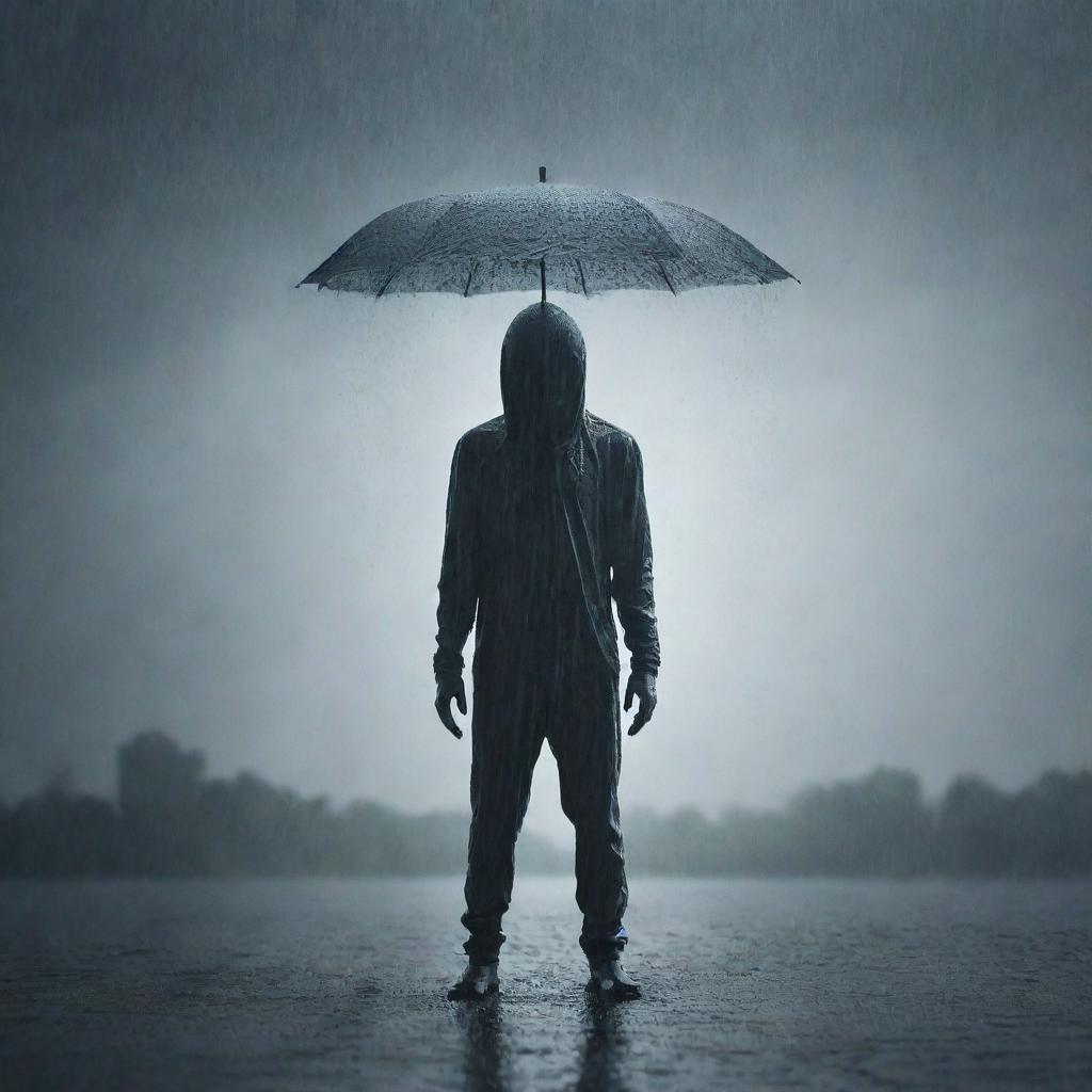 A mysterious alien figure standing alone under a heavy downpour, the rain's patter creating a surreal ambiance around it