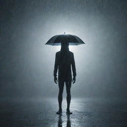 A mysterious alien figure standing alone under a heavy downpour, the rain's patter creating a surreal ambiance around it