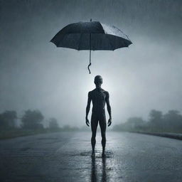 A mysterious alien figure standing alone under a heavy downpour, the rain's patter creating a surreal ambiance around it