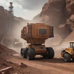 A mine blasting overseer with the latest technologies, surrounded by advanced machinery and a rugged mining landscape.