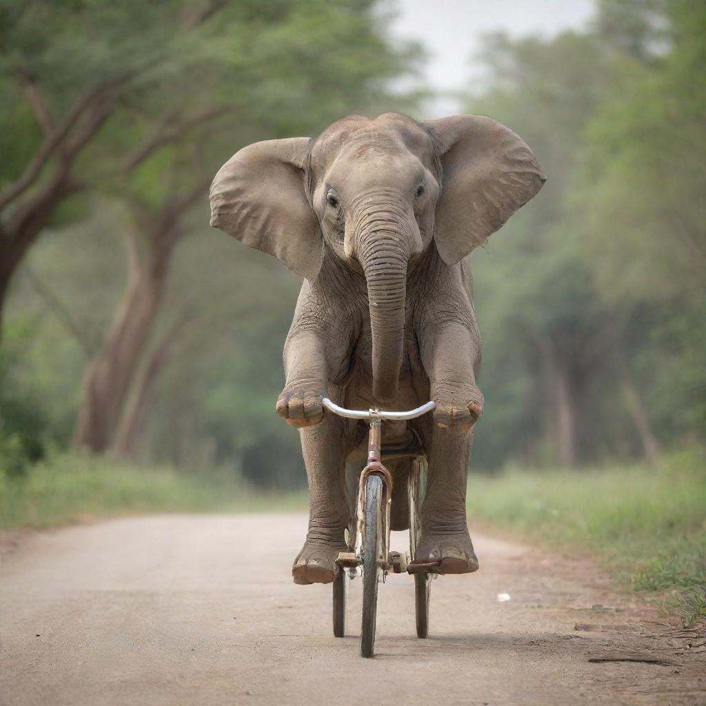 A joyful elephant, well-balanced, riding a sturdy bicycle, in a peaceful outdoor setting.