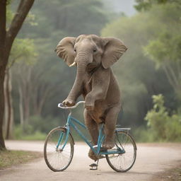 A joyful elephant, well-balanced, riding a sturdy bicycle, in a peaceful outdoor setting.