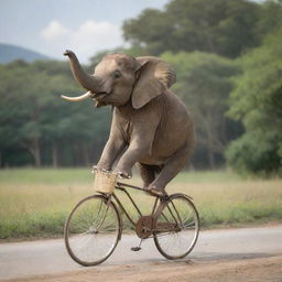 A joyful elephant, well-balanced, riding a sturdy bicycle, in a peaceful outdoor setting.