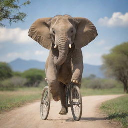 A joyful elephant, well-balanced, riding a sturdy bicycle, in a peaceful outdoor setting.