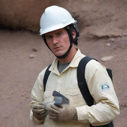 A gold mine blast supervisor wearing a white helmet and carrying mining explosives equipment.