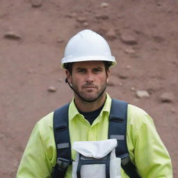 A gold mine blast supervisor wearing a white helmet and carrying mining explosives equipment.