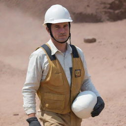 A gold mine blast supervisor wearing a white helmet and carrying mining explosives equipment.