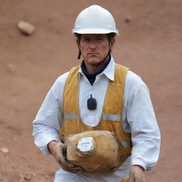 A gold mine blast supervisor wearing a white helmet and carrying mining explosives equipment.