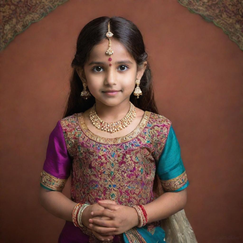 A young girl elegantly dressed in traditional Indian attire, adorned with intricate patterns and vibrant colors, capturing the essence of Indian culture.