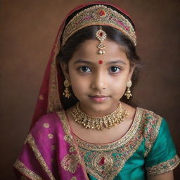 A young girl elegantly dressed in traditional Indian attire, adorned with intricate patterns and vibrant colors, capturing the essence of Indian culture.