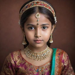 A young girl elegantly dressed in traditional Indian attire, adorned with intricate patterns and vibrant colors, capturing the essence of Indian culture.