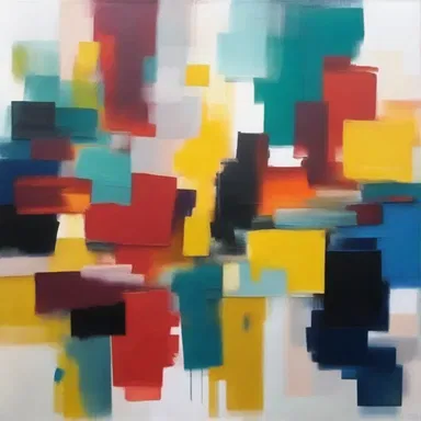 The abstract painting was created gropingly, with the artist exploring different brushstrokes and color combinations.