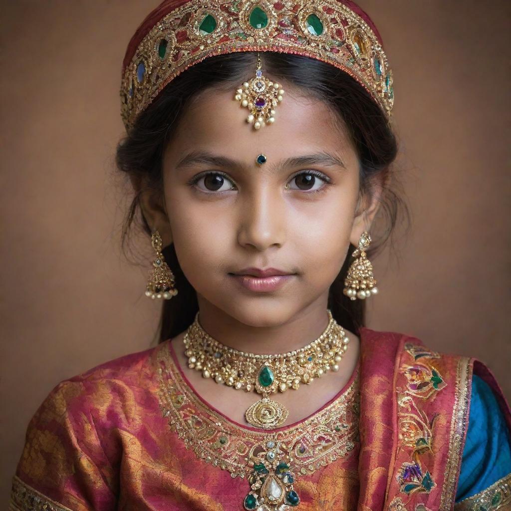 A young girl elegantly dressed in traditional Indian attire, adorned with intricate patterns and vibrant colors, capturing the essence of Indian culture.