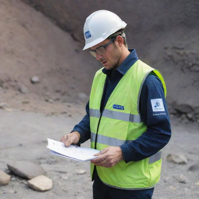 An on-site blast supervisor of ORICA Mining Services, inspecting the dynamite placement in a rocky mine under safe conditions. Clad in protective gear carrying a clipboard for records.