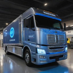 A large, high-tech mobile manufacturing truck with intricate machinery, brightly illuminated workstations, polished metallic surfaces, and adorned with corporate logos.