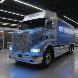 A large, high-tech mobile manufacturing truck with intricate machinery, brightly illuminated workstations, polished metallic surfaces, and adorned with corporate logos.