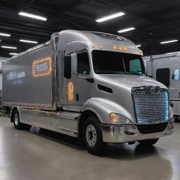 A large, high-tech mobile manufacturing truck with intricate machinery, brightly illuminated workstations, polished metallic surfaces, and adorned with corporate logos.