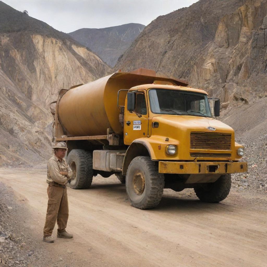 A gold mining explosive truck supervisor stands alert beside a large, robustly built truck filled with explosive materials, set amidst the rugged backdrop of a bustling gold mine.