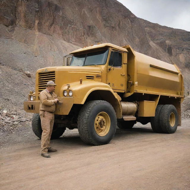 A gold mining explosive truck supervisor stands alert beside a large, robustly built truck filled with explosive materials, set amidst the rugged backdrop of a bustling gold mine.