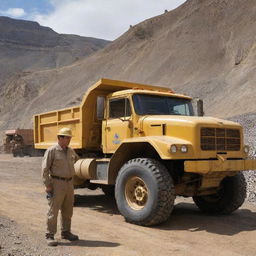 A gold mining explosive truck supervisor stands alert beside a large, robustly built truck filled with explosive materials, set amidst the rugged backdrop of a bustling gold mine.