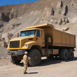 A gold mining explosive truck supervisor stands alert beside a large, robustly built truck filled with explosive materials, set amidst the rugged backdrop of a bustling gold mine.