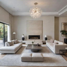 A meticulously designed modern drawing room with sleek furniture, contemporary artworks, polished floors, and a bright light fixture to radiate an inviting warmth.