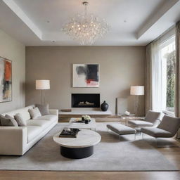 A meticulously designed modern drawing room with sleek furniture, contemporary artworks, polished floors, and a bright light fixture to radiate an inviting warmth.